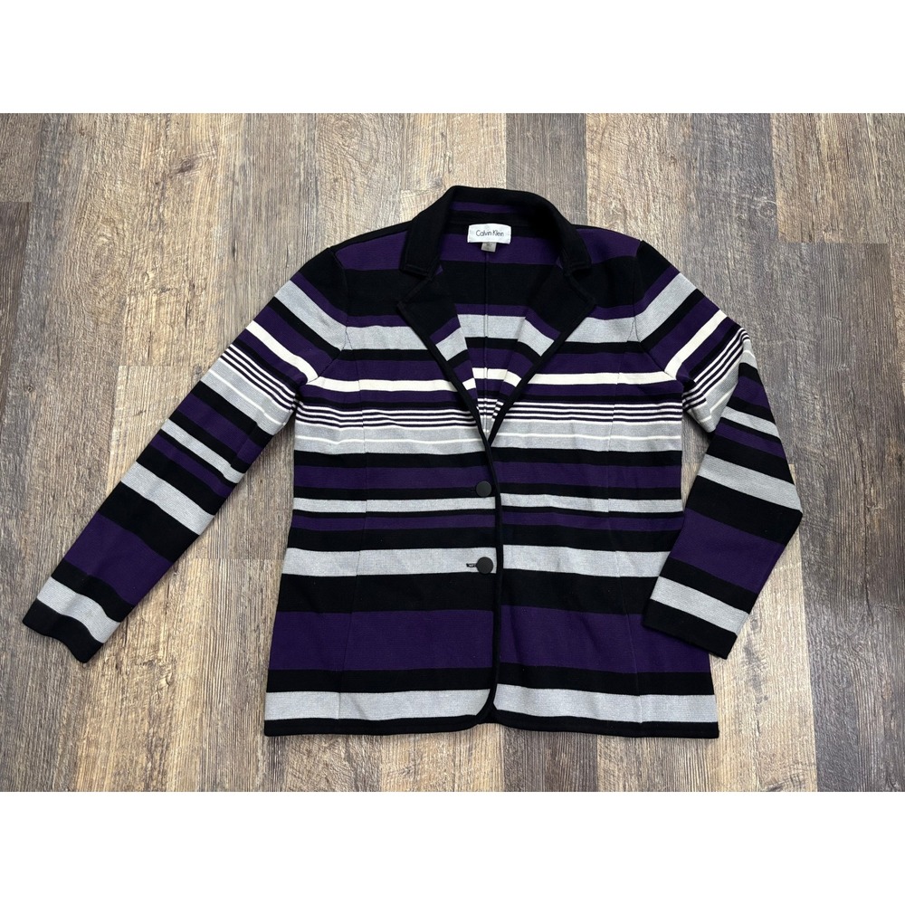 Calvin Klein Womens Purple Striped Knit Blazer Jacket Two‎ Button Size L